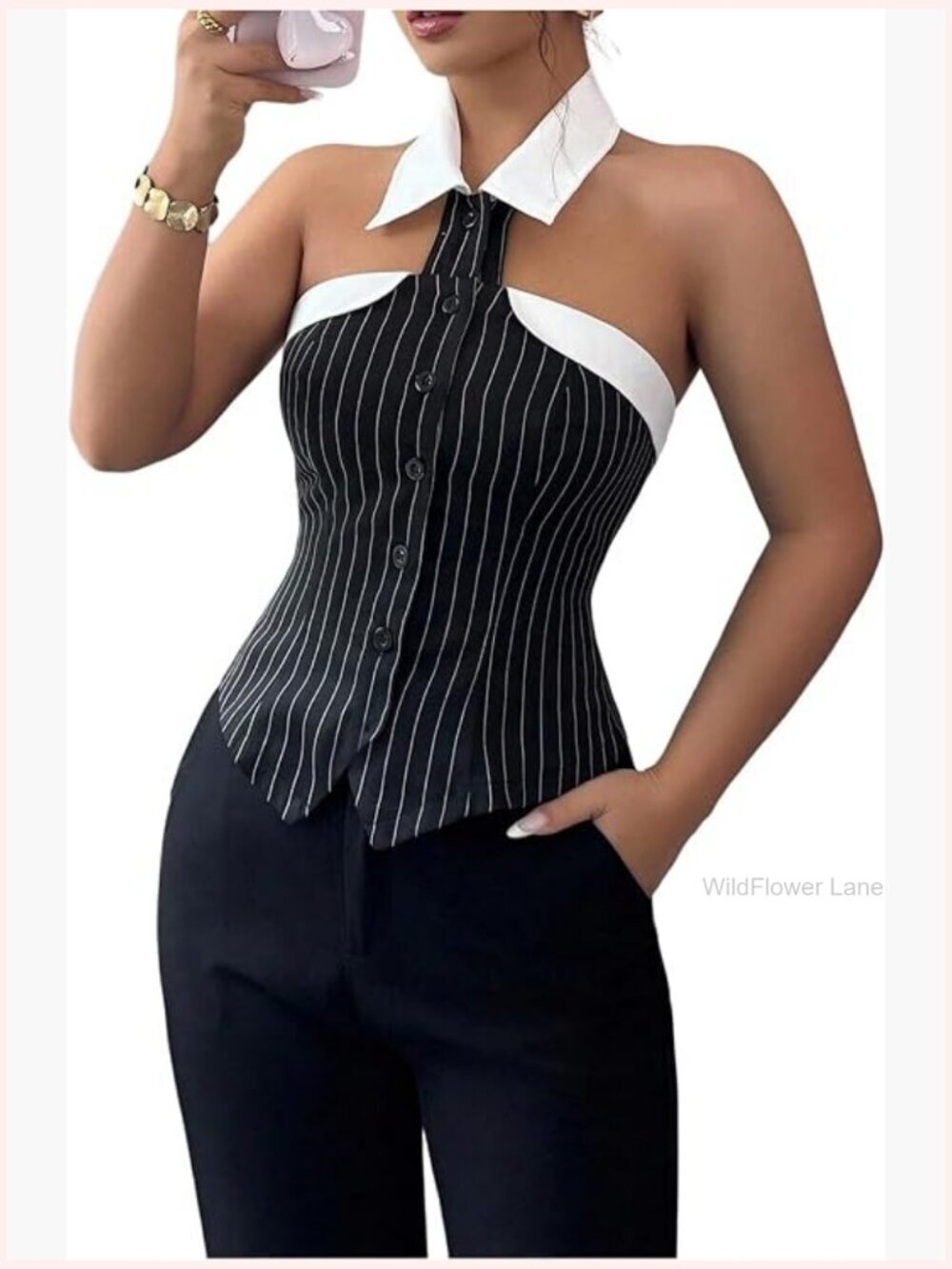 Sleeveless Button Down Collared Striped Halter Top Y2K Vest